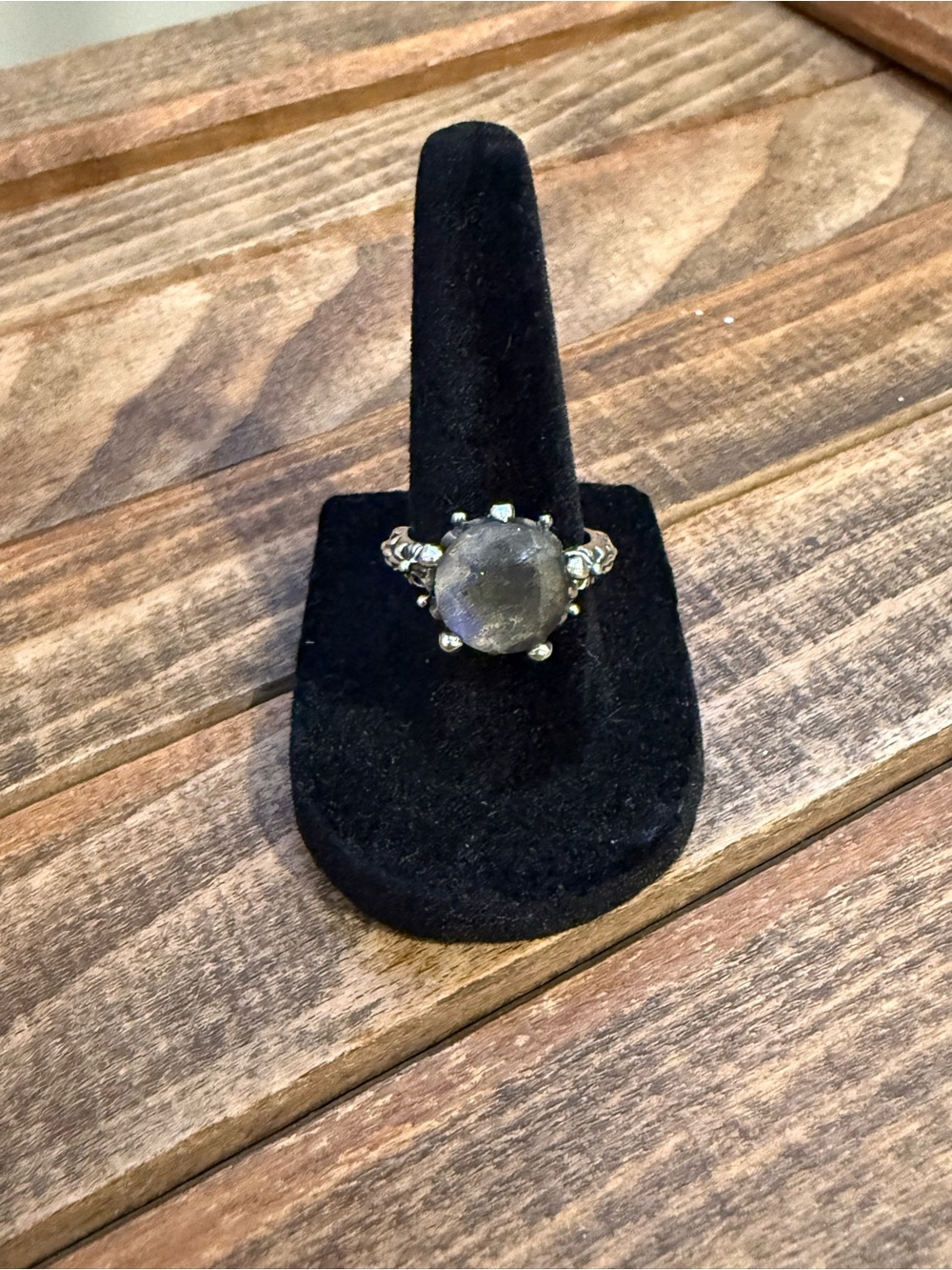 925 Sterling Silver Blue Flash Gemstone Ornate Floral Statement Ring